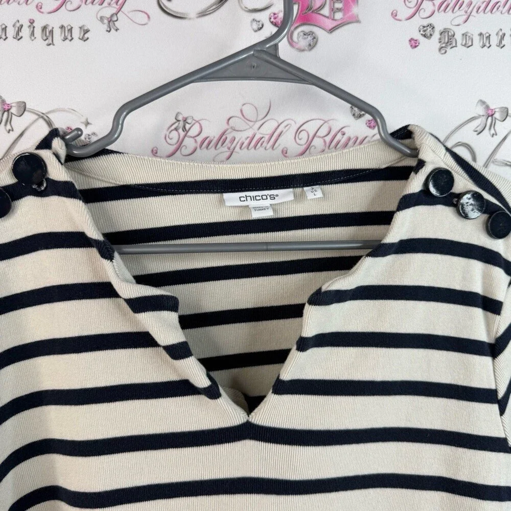 Chico's pull over shirt buttons, navy Black and White Striped Long Sleeve Top